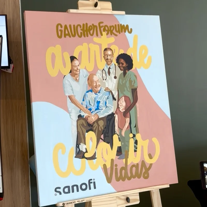 Painel pintado ao vivo para a Sanofi, finalizado no cavalete do evento