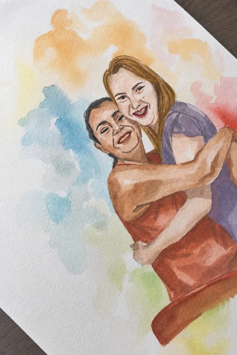 Retrato de casal pintado em aquarela ao vivo